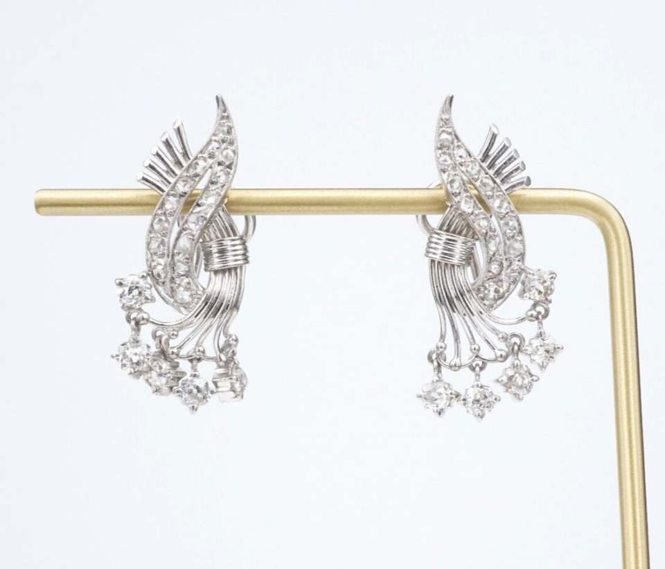 Vintage Diamond Spray Earrings 18k White Gold Old Mine Rose Cut Tremblant EG2383