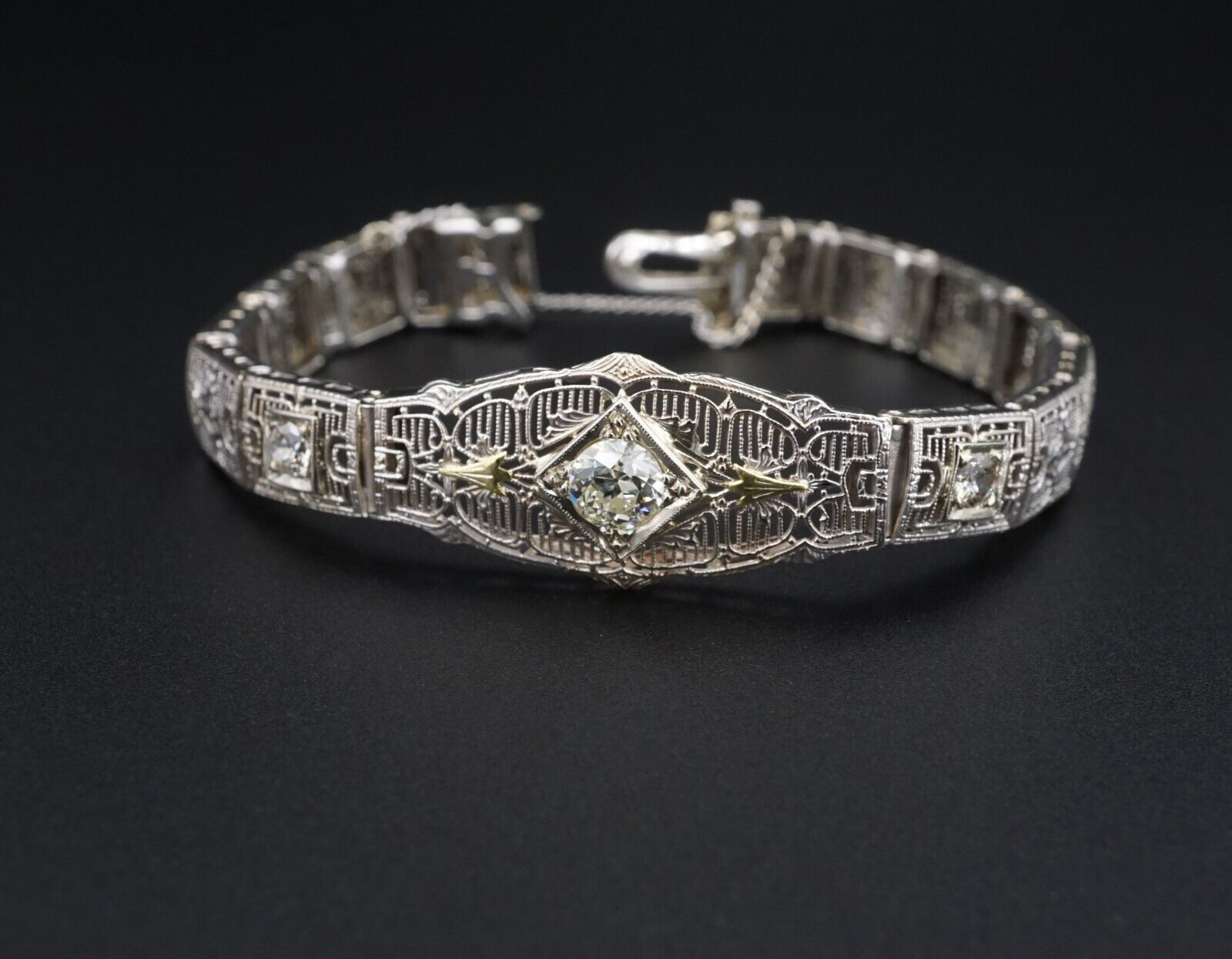 Classic Antique Art Deco 14k Gold 1ct Three Diamond Filigree Bracelet 6.5", view 5
