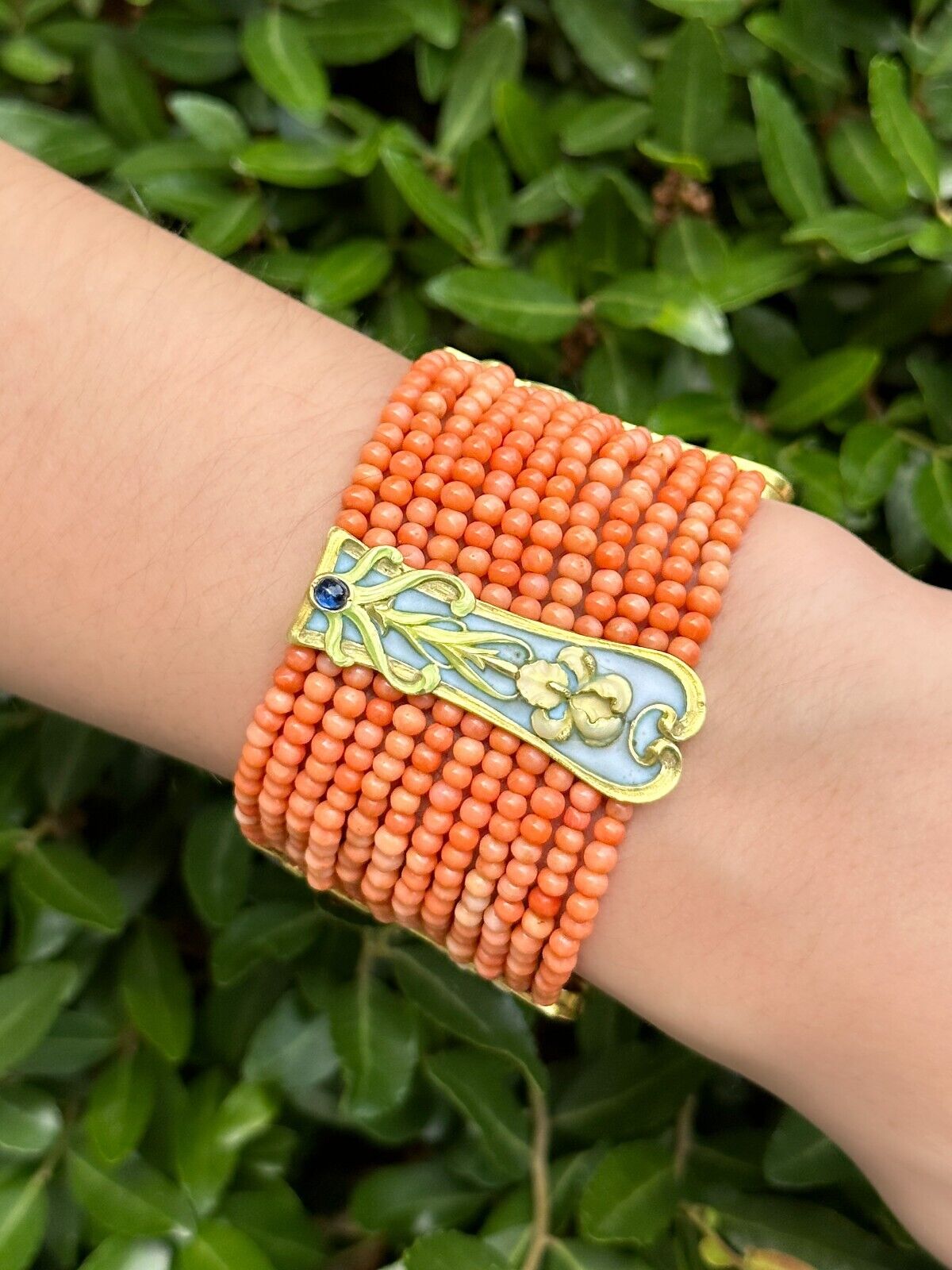Art Nouveau Plique a Jour Sapphire Station Bracelet Coral 18k Enamel Rare, view 2