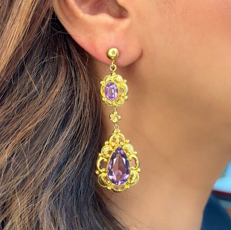 Antique Victorian Yellow Gold Amethyst Bib Necklace Earring Suite 16", view 2