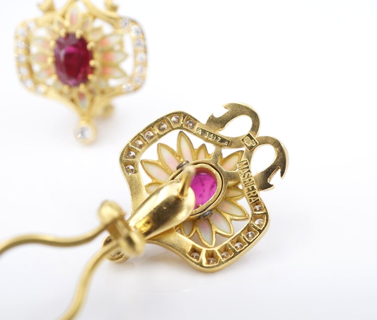 Masriera 18k Gold Earrings Natural Ruby Diamond Enamel Plique a Jour, view 5