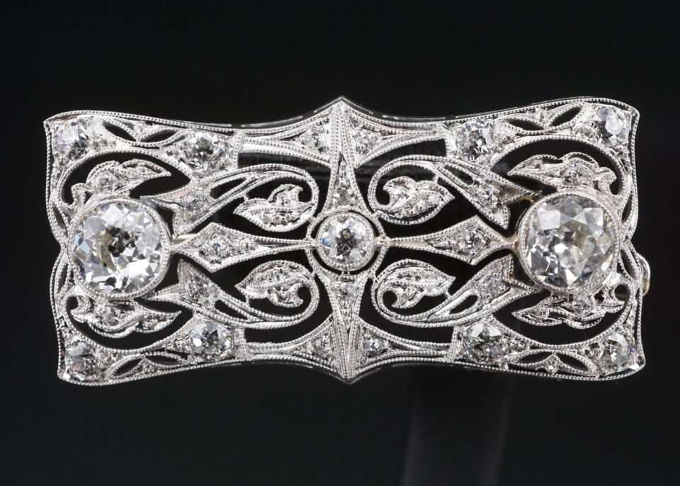 Belle Epoque Platinum 3ctw Diamond Ribbon Scroll Brooch Combes & Van Roden, view 3