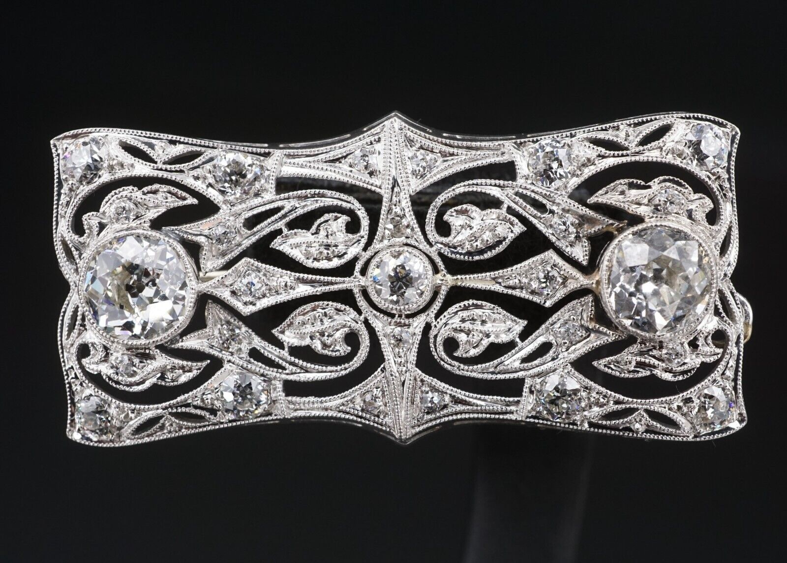 Belle Epoque Platinum 3ctw Diamond Ribbon Scroll Brooch Combes & Van Roden, view 3