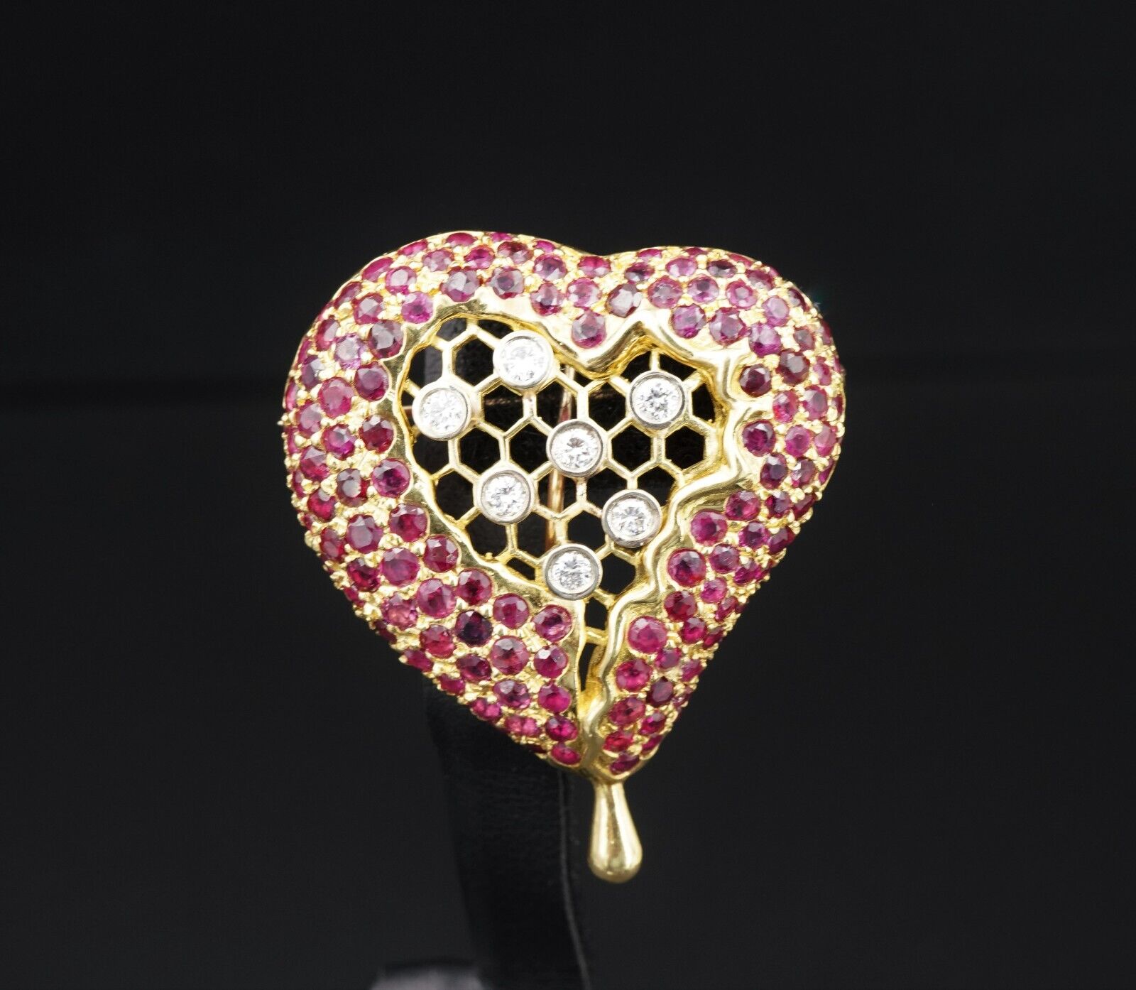 Henryk Kaston for Salvador Dalí Ruby and Diamond Honeycomb Heart Brooch, view 1