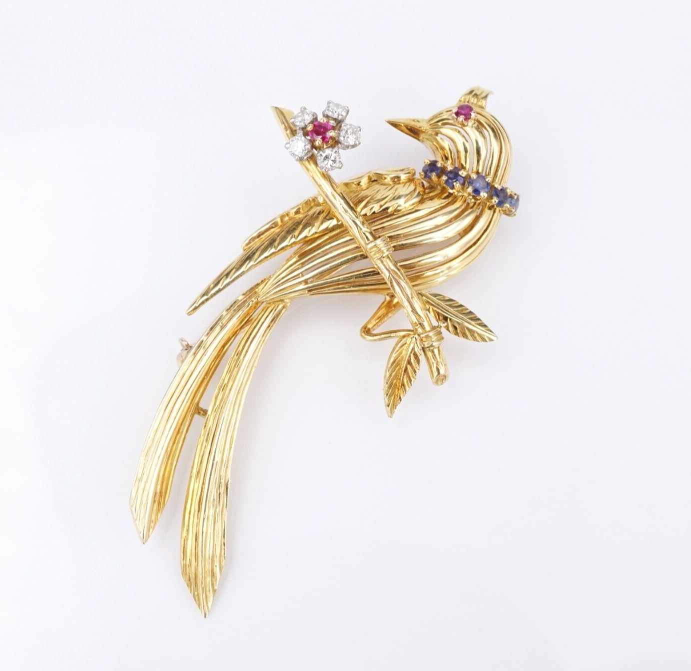 Vintage French 18k Sapphire Ruby Diamond 3D Bird Flower Pin Brooch Gold 2", view 1