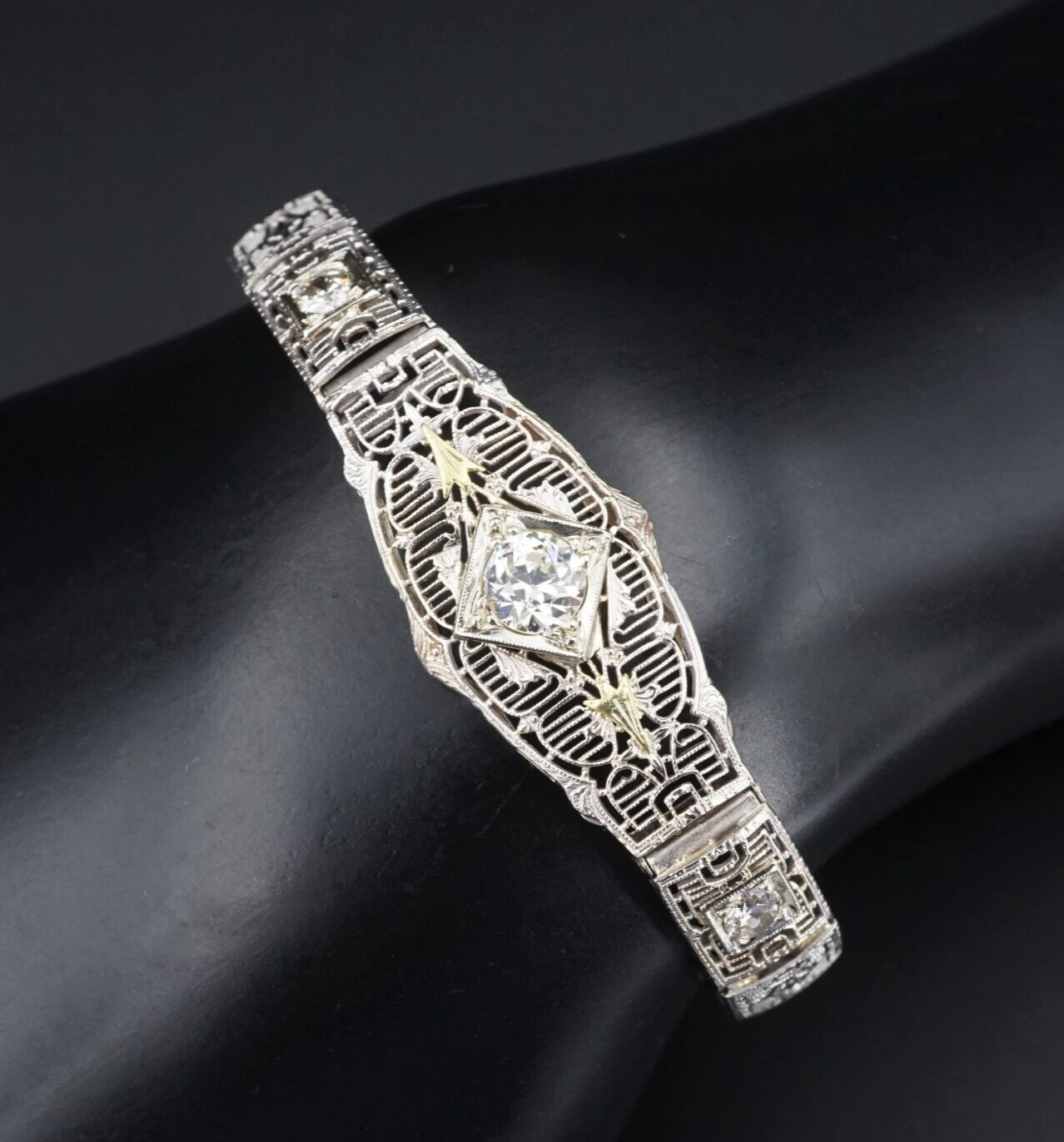 Classic Antique Art Deco 14k Gold 1ct Three Diamond Filigree Bracelet 6.5", view 1