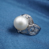 Vintage 18k Diamond Pearl Cocktail Ring Size 7.75 White Gold 11.5 mm, view 1
