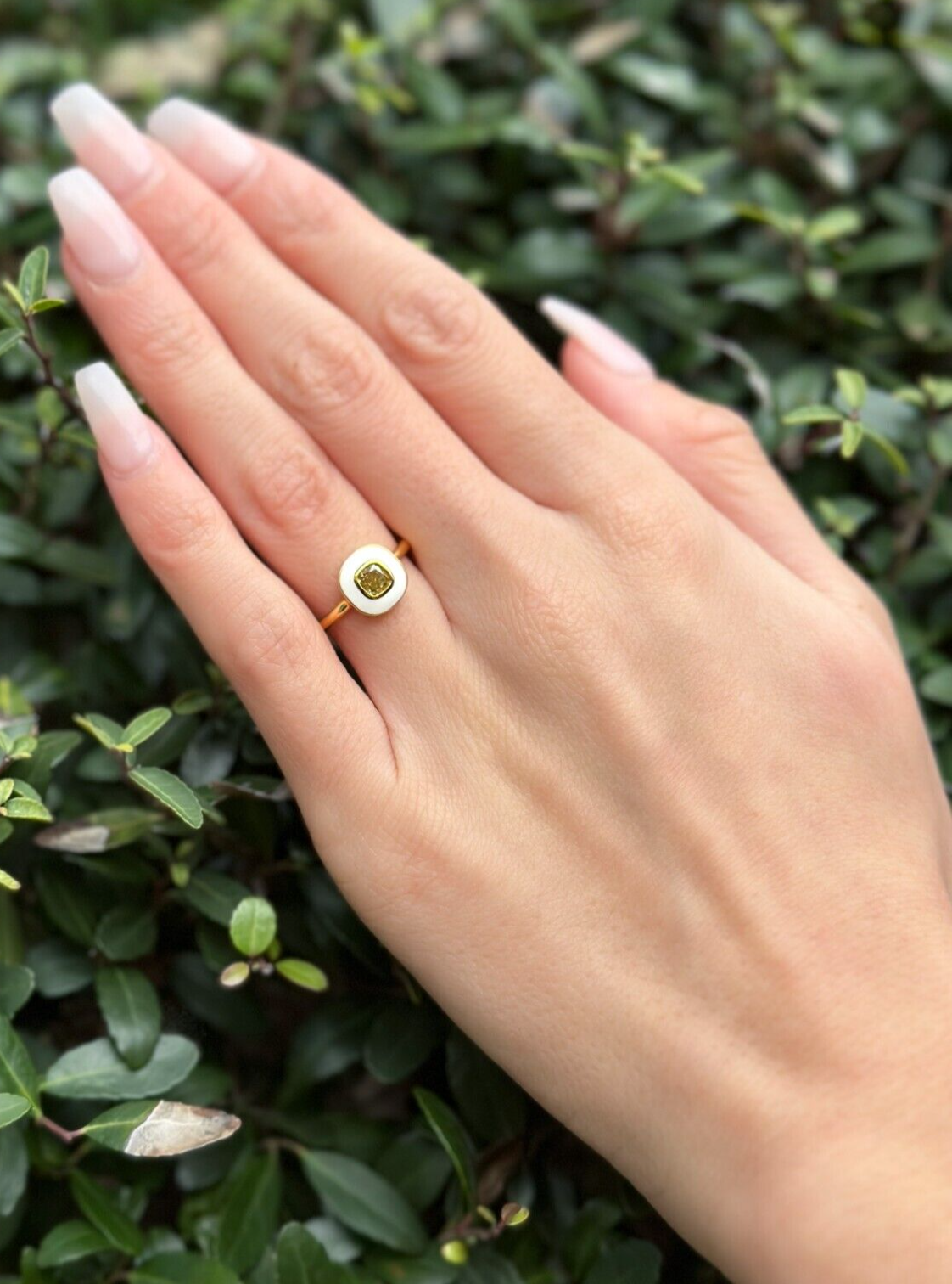14k Gold Orange Diamond with White Enamel Halo Ring Sz 6.5 Circle Modern, view 5
