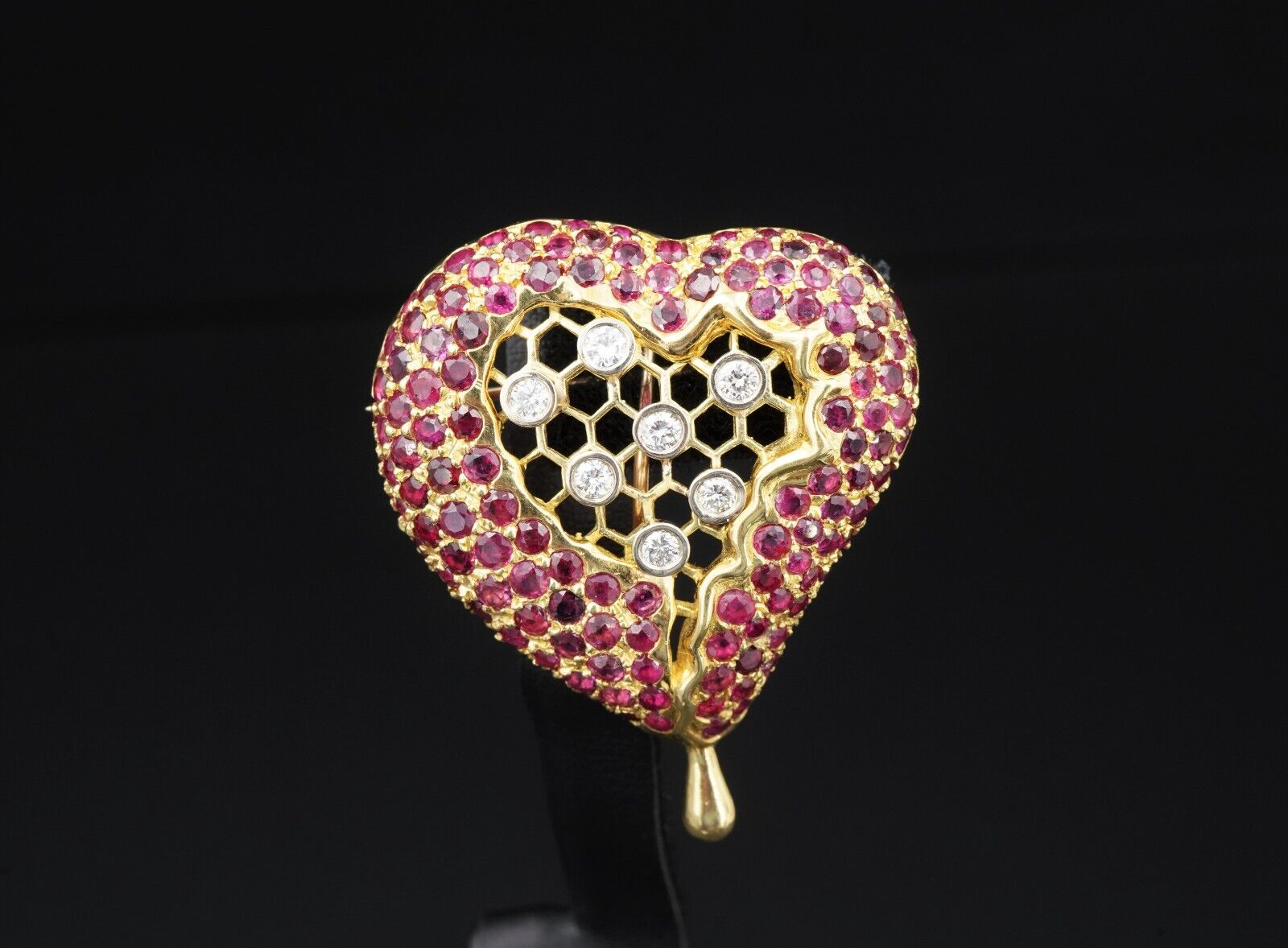 Henryk Kaston for Salvador Dalí Ruby and Diamond Honeycomb Heart Brooch, view 5