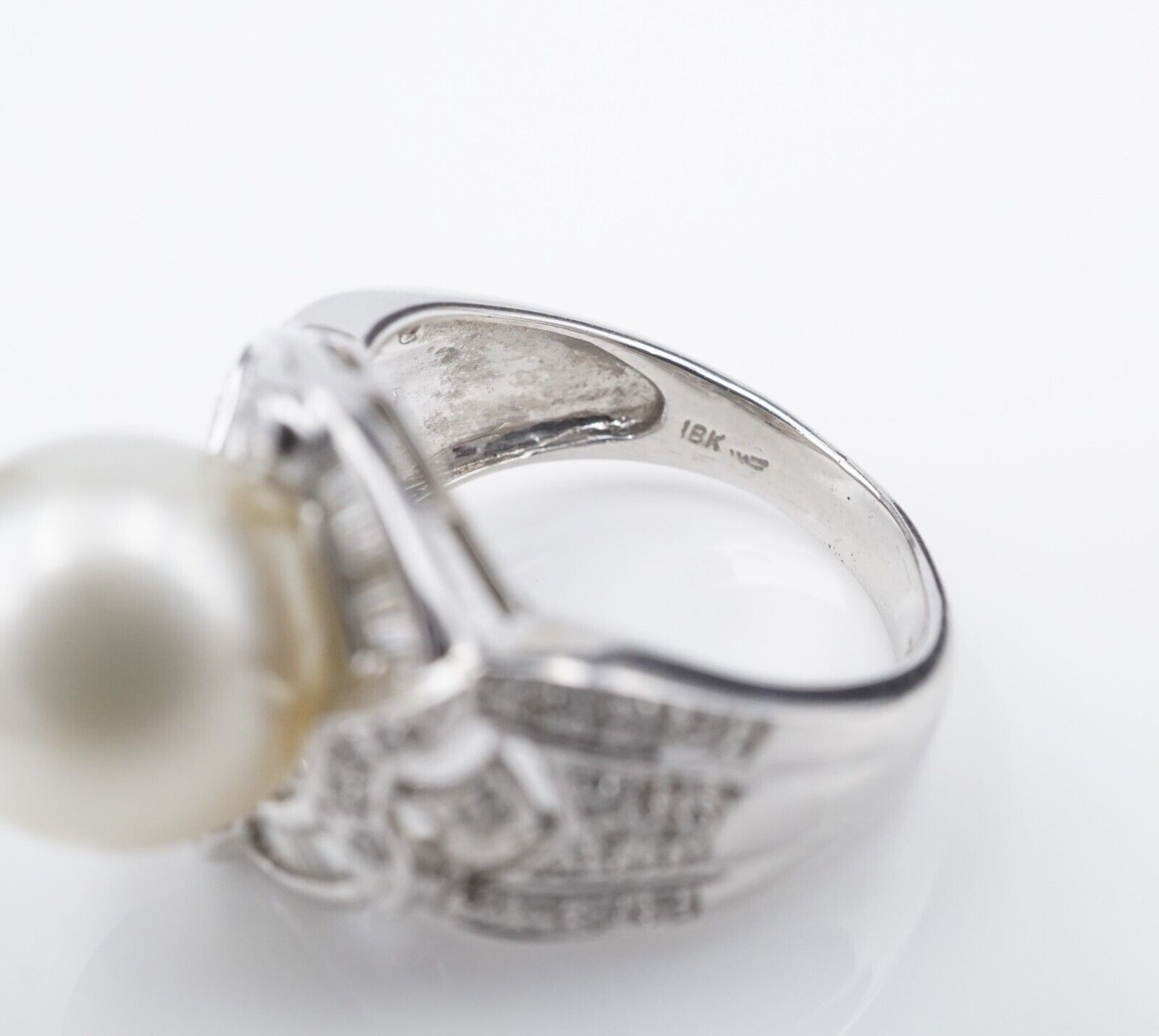 Vintage 18k Diamond Pearl Cocktail Ring Size 7.75 White Gold 11.5 mm, view 7