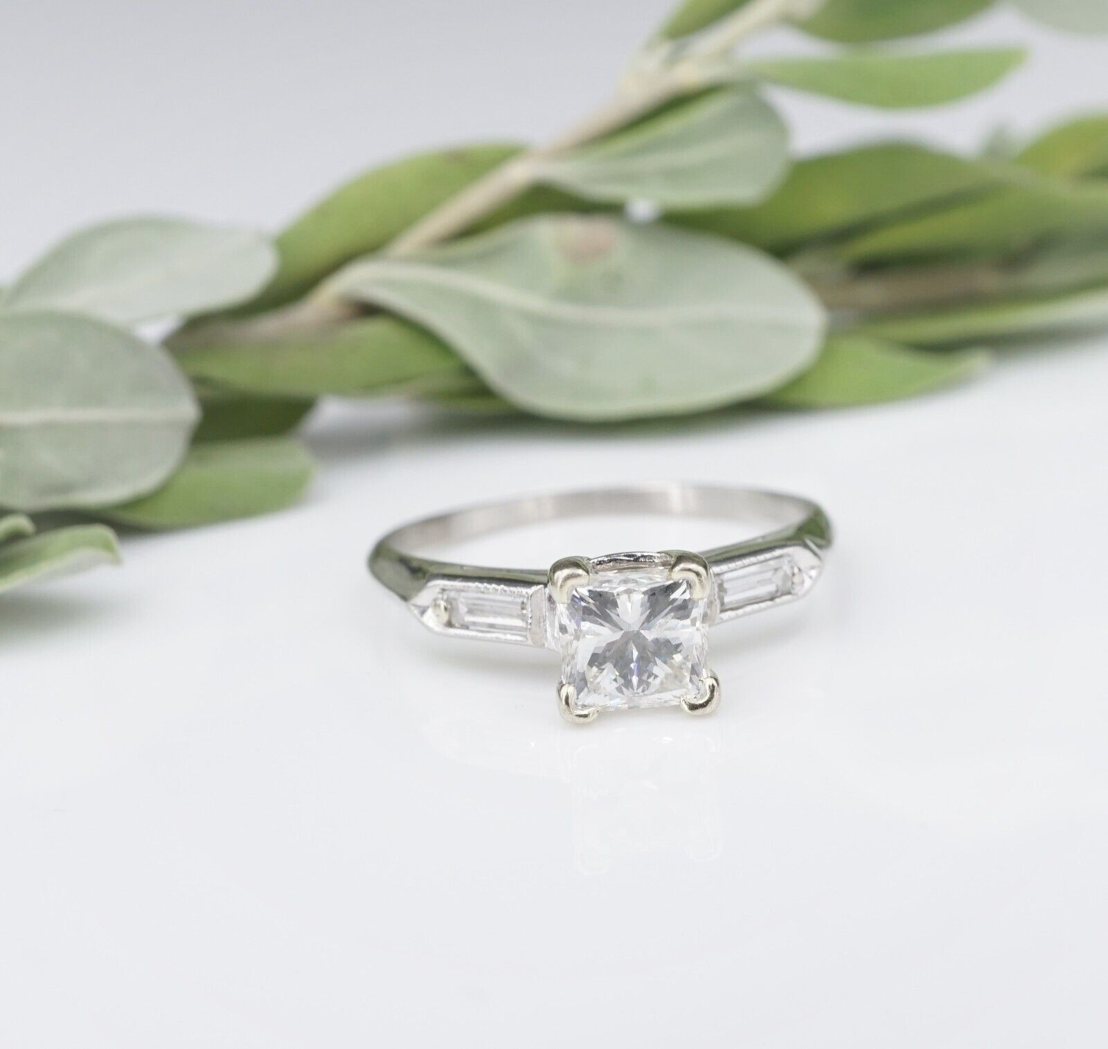 Vintage Platinum Natural Diamond Princess Engagement Ring Size 6.5, view 1