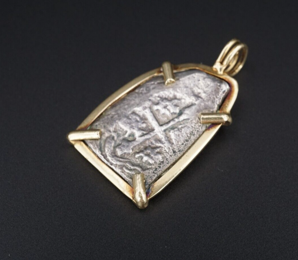 Spanish Shipwreck Silver Cob Reales Coin Pendant, 14k Yellow Gold, XRF Tested