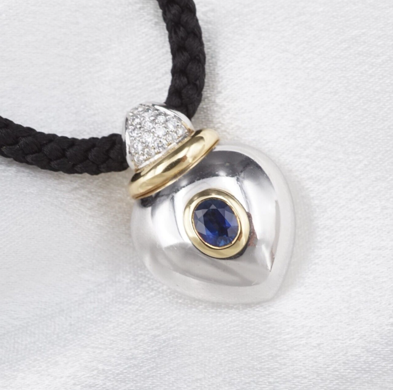 Designer 18k Heart Pendant Palladium Sapphire Pave Diamond Locket, view 6