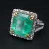 Platinum Natural Emerald Diamond Halo Ring Vintage, view 3
