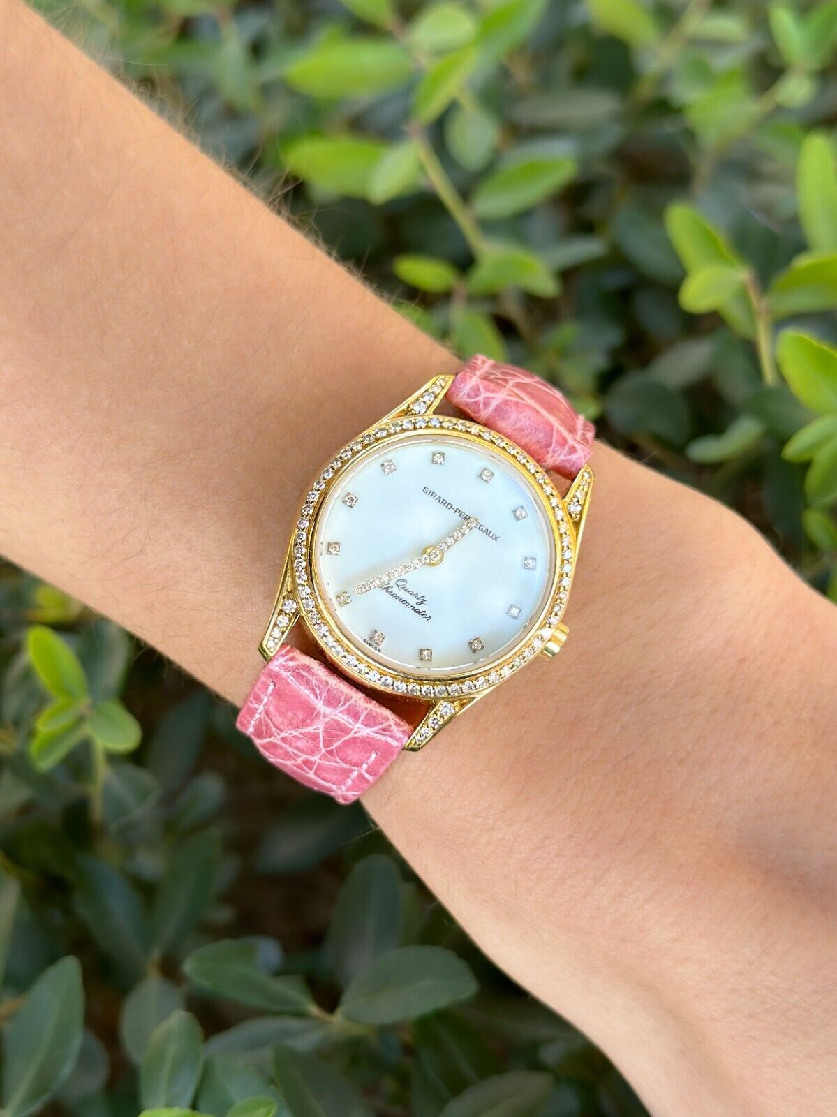 Girard-Perregaux 18k Yellow Gold Diamond Watch Pink Leather 29mm Ladies, view 2
