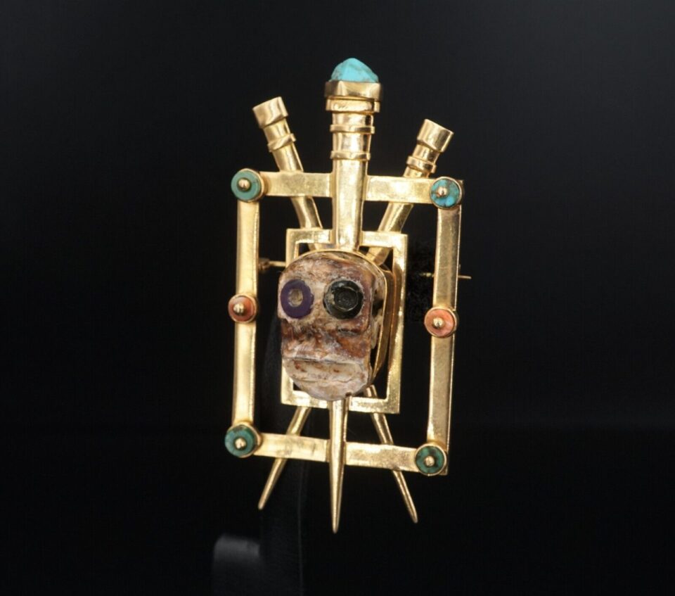 Museum Quality Graziella Laffi 18k Gold Skull Artifact Brooch 2.75" Peru, view 2