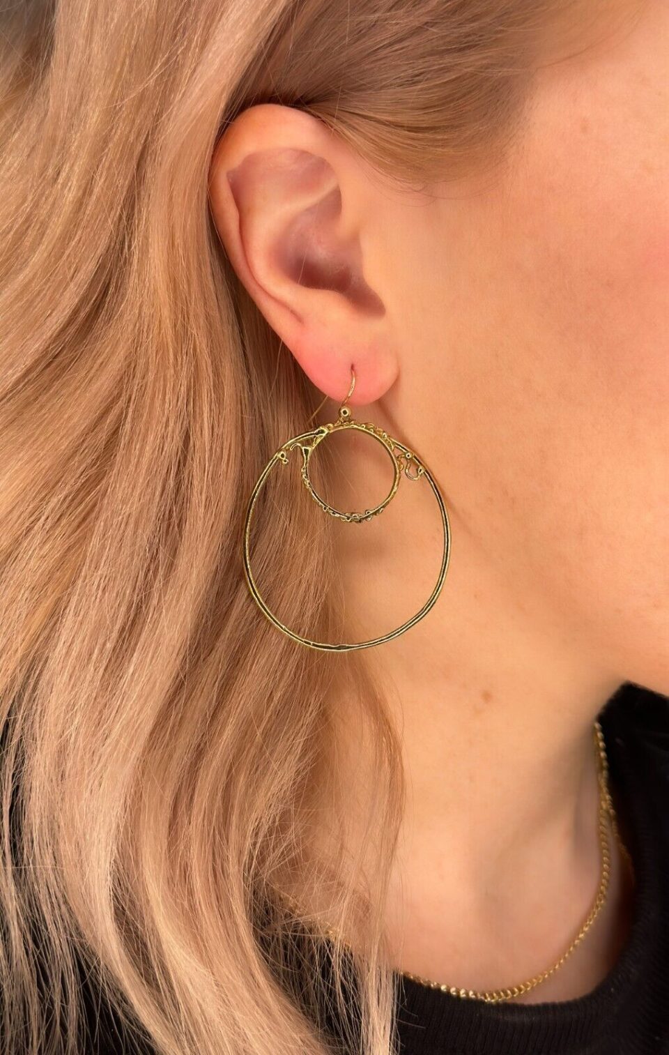 Modernist 9k Yellow Gold Open Circle Dangle Hoop Earrings 1.6" Jean Mahie, view 2