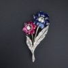 Antique Platinum Gold 5ct Sapphire Ruby Diamond Floral Pin Brooch 1.9", view 6