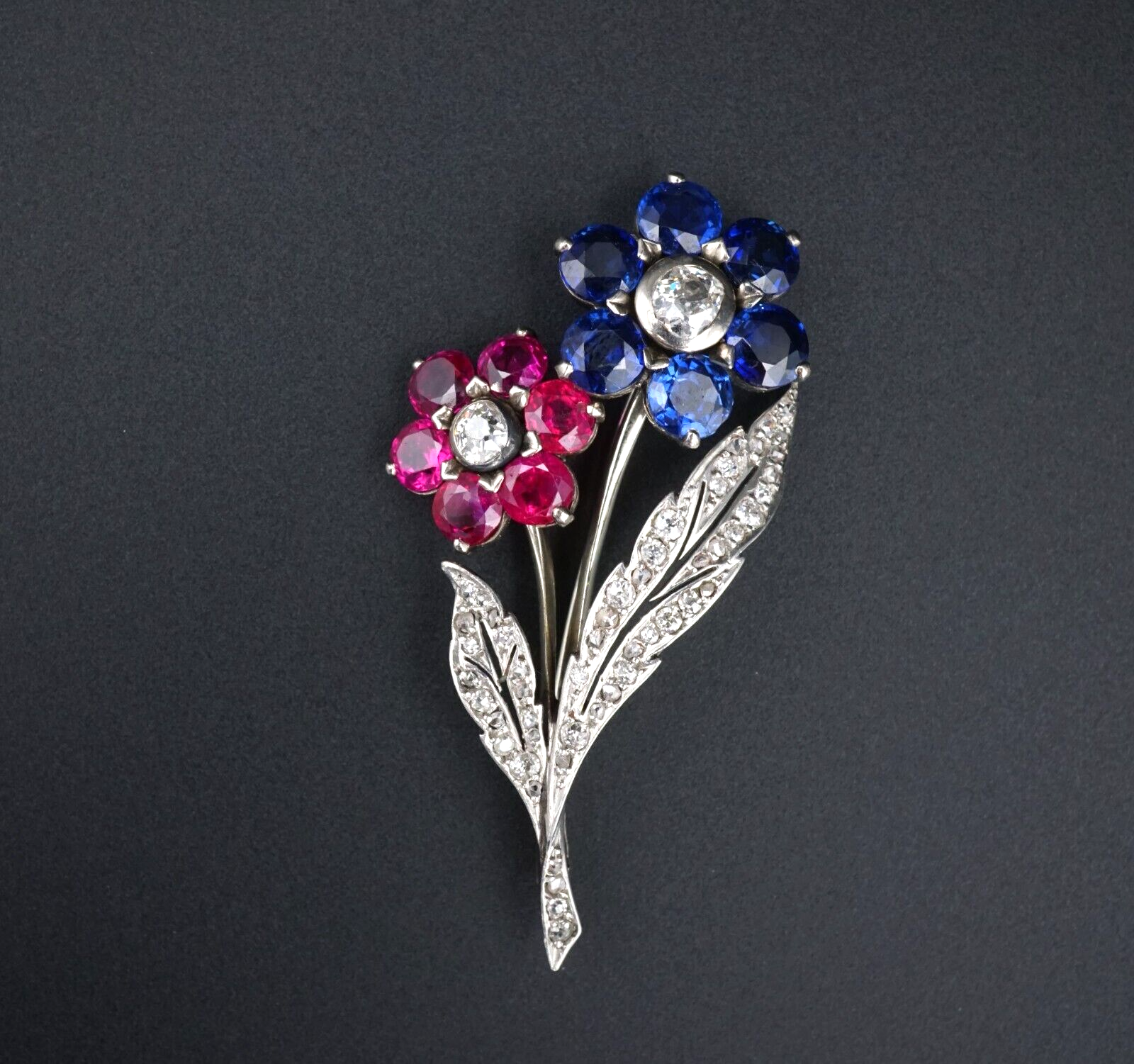 Antique Platinum Gold 5ct Sapphire Ruby Diamond Floral Pin Brooch 1.9", view 6