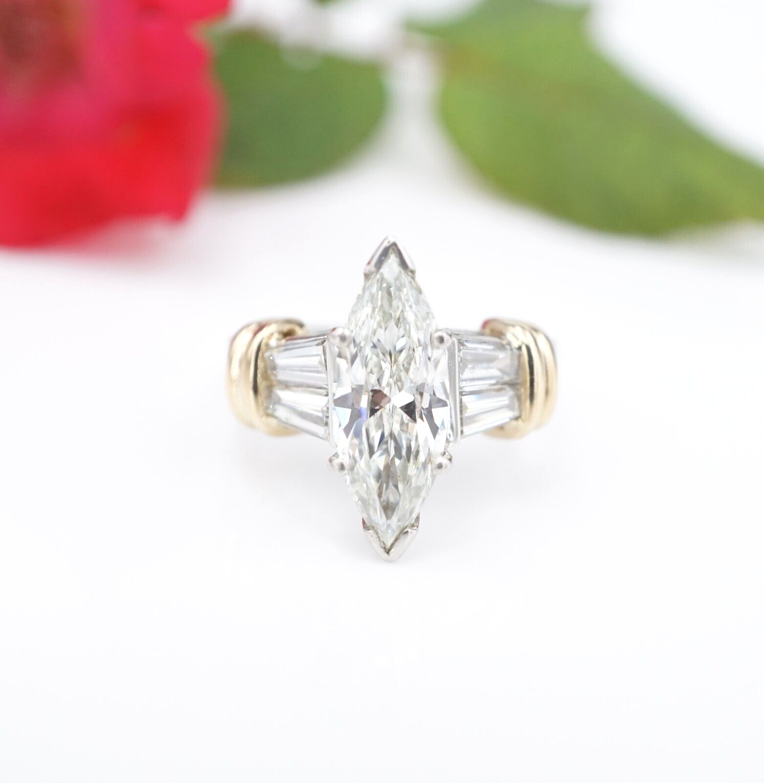 Platinum Gold Marquise Baguette 3.5ct Diamond Engagement Ring Sz 7.25 GIA, view 1