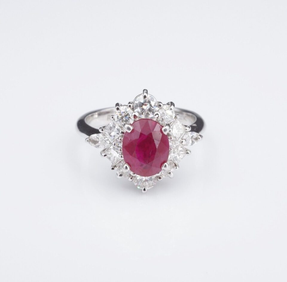 NWOT 14k White Gold 2.2 ctw Oval Ruby Diamond Halo Ring Size 5.5, view 3