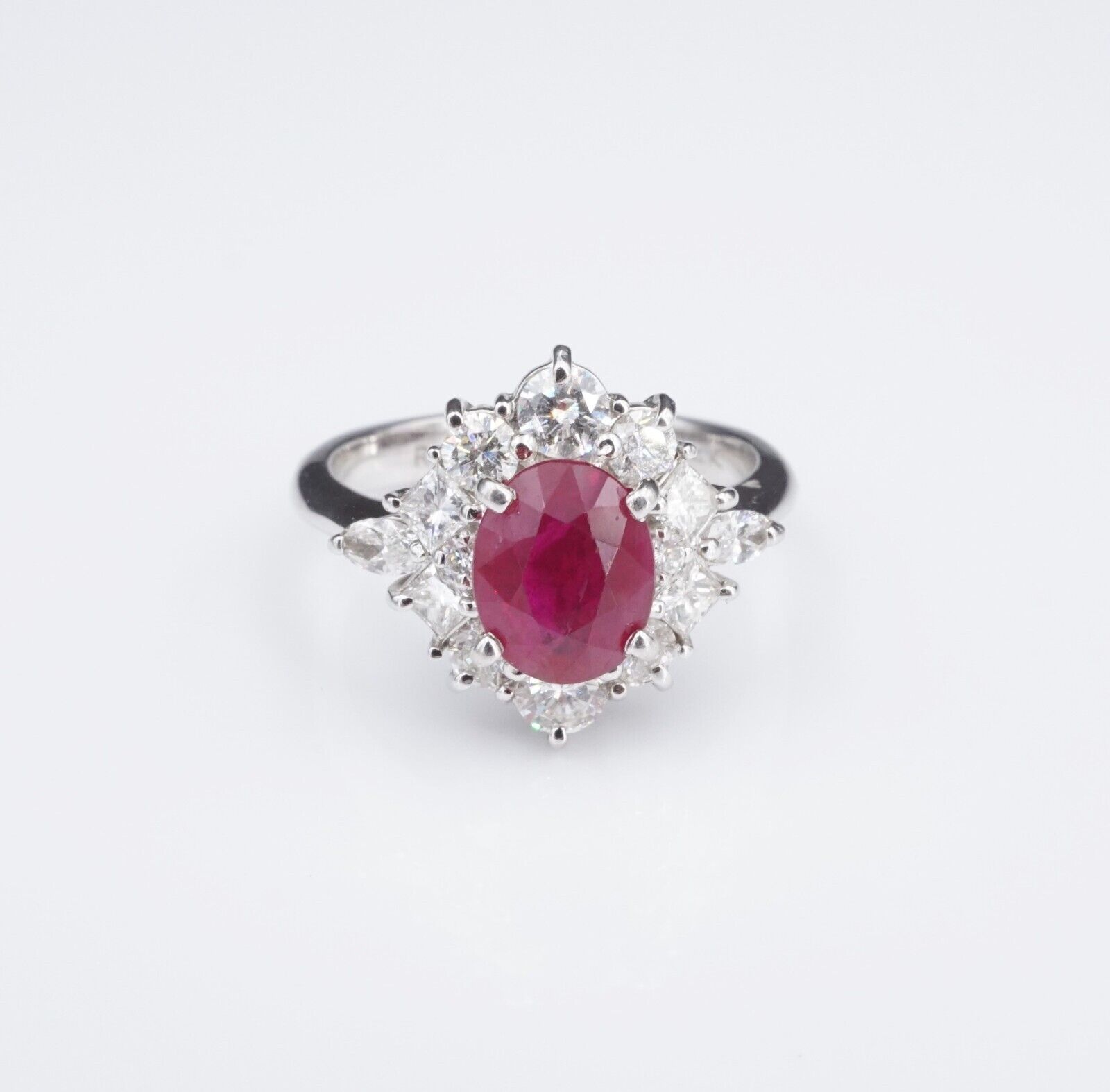 NWOT 14k White Gold 2.2 ctw Oval Ruby Diamond Halo Ring Size 5.5, view 3
