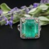 Platinum Natural Emerald Diamond Halo Ring Vintage, view 1