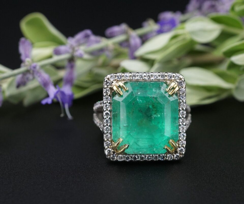 Platinum Natural Emerald Diamond Halo Ring Vintage RG4127