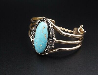 Navajo Emil Benally Vintage 14k Yellow Gold Turquoise Cuff Bracelet 6.25", view 5