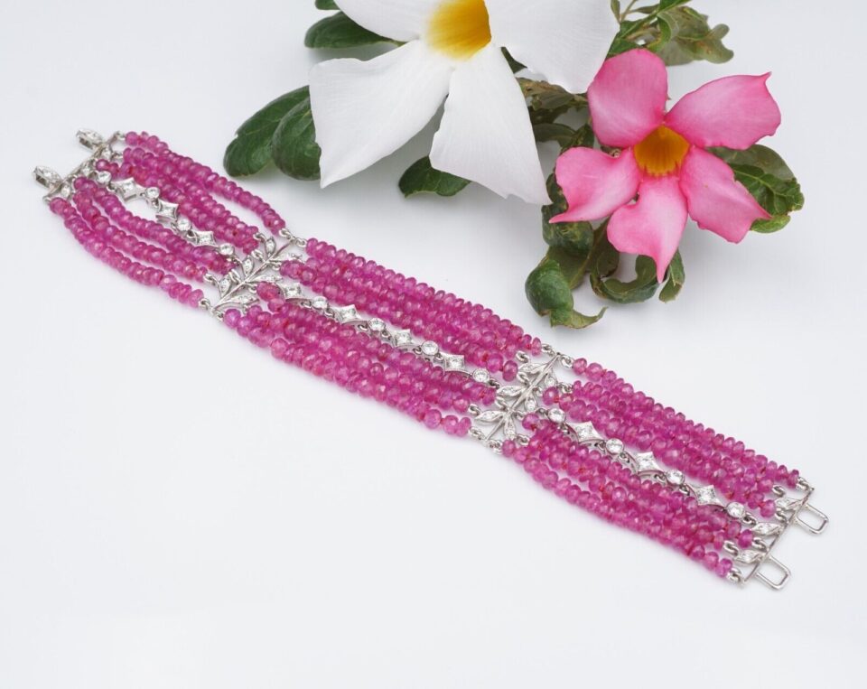 Cathy Waterman Platinum 7-Strand Floral Diamond Ruby Bead Bracelet 6.25" BG699