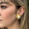 Elizabeth Locke Mabe Pearl Button Earrings 18k Yellow Gold Dot Halo shown worn