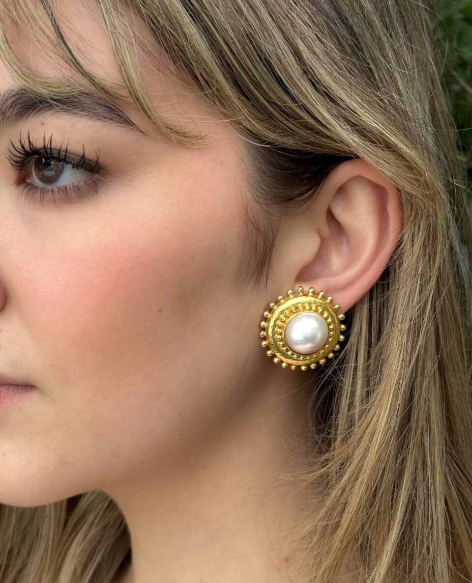 Elizabeth Locke Mabe Pearl Button Earrings 18k Yellow Gold Dot Halo shown worn