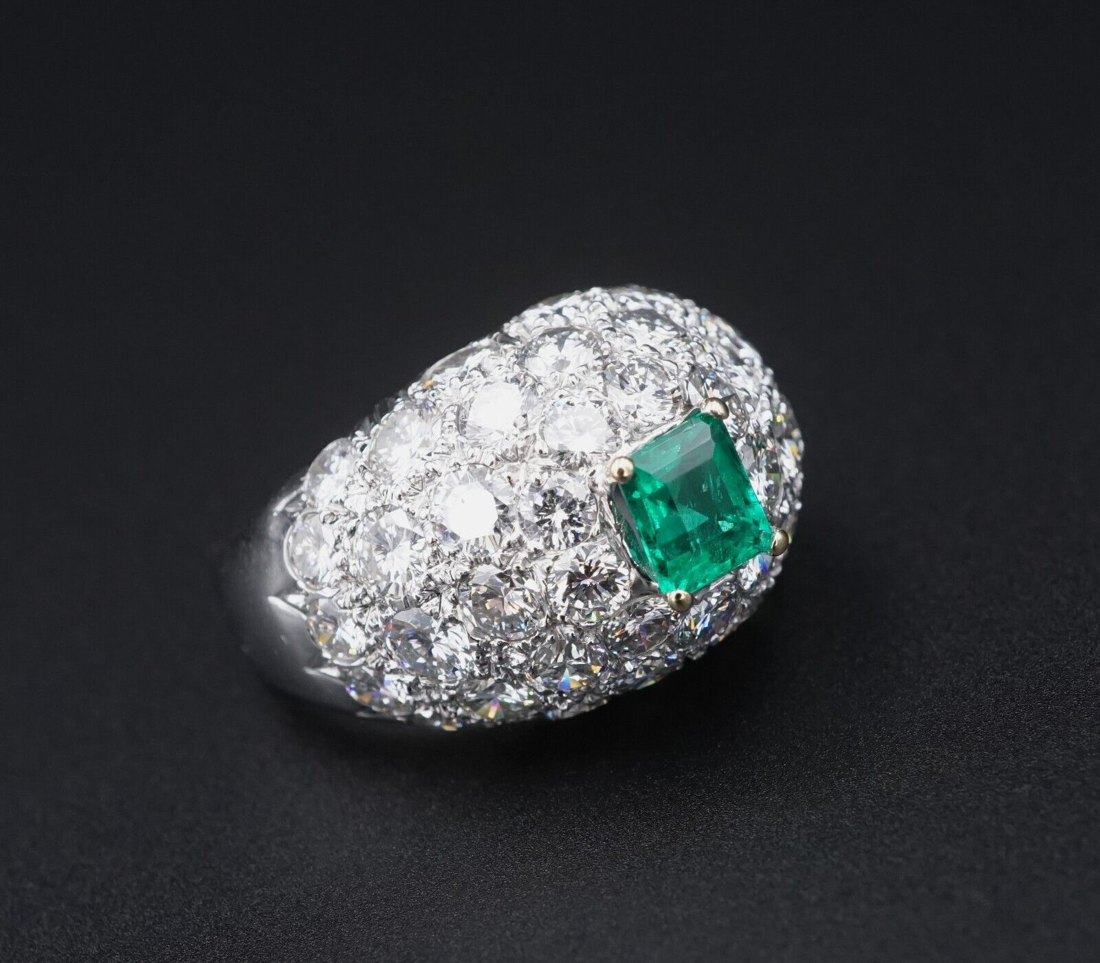 18k Pave Diamond Emerald Dome Ring White Gold 4ctw Sz 7 French Statement, view 5