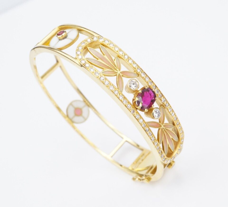 Masriera Ruby Diamond Bracelet Plique a Jour Red Floral Carpet 18k Gold 7, view 2