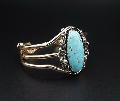 Navajo Emil Benally Vintage 14k Yellow Gold Turquoise Cuff Bracelet 6.25", view 4