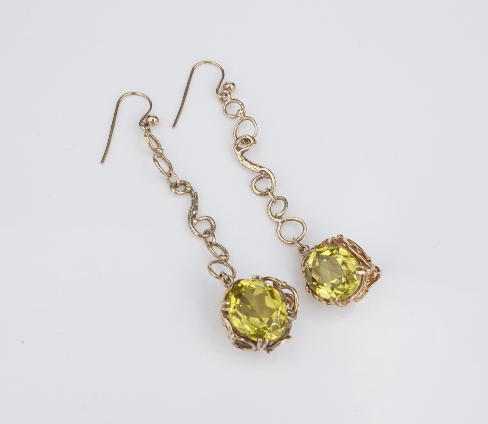 Prototype Jean Mahie 9k Yellow Gold Green Spinel Drop Hook Earrings 2.5", view 6