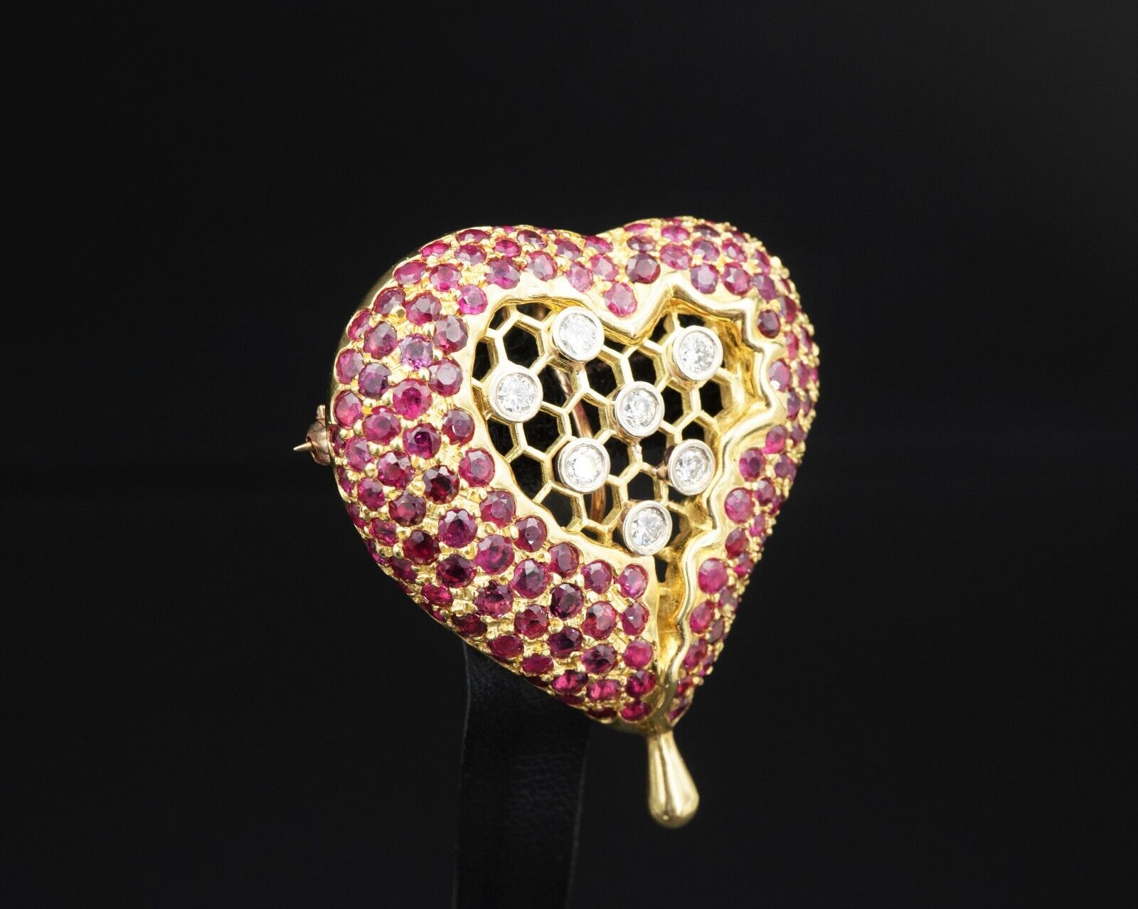 Henryk Kaston for Salvador Dalí Ruby and Diamond Honeycomb Heart Brooch, view 6