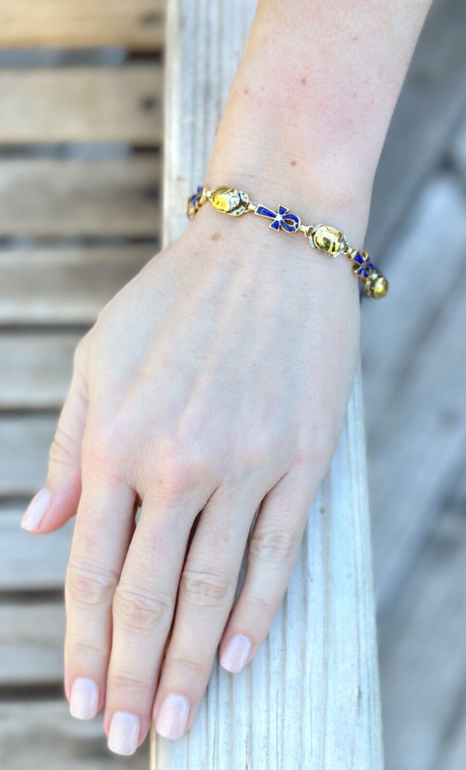 Vintage 2-Tone 18k Gold Lapis Inlay Scarab Ankh Bracelet 7.75" shown worn