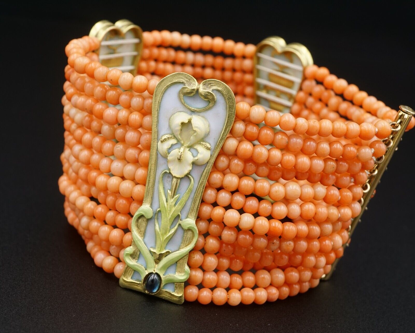 Art Nouveau Plique a Jour Sapphire Station Bracelet Coral 18k Enamel Rare, view 4