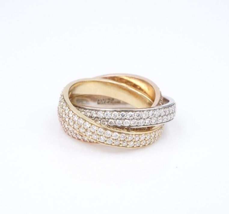Tricolor Pave Diamond Eternity 3 Band Rolling Ring Gold Sz 8 4mm 3ct, view 1