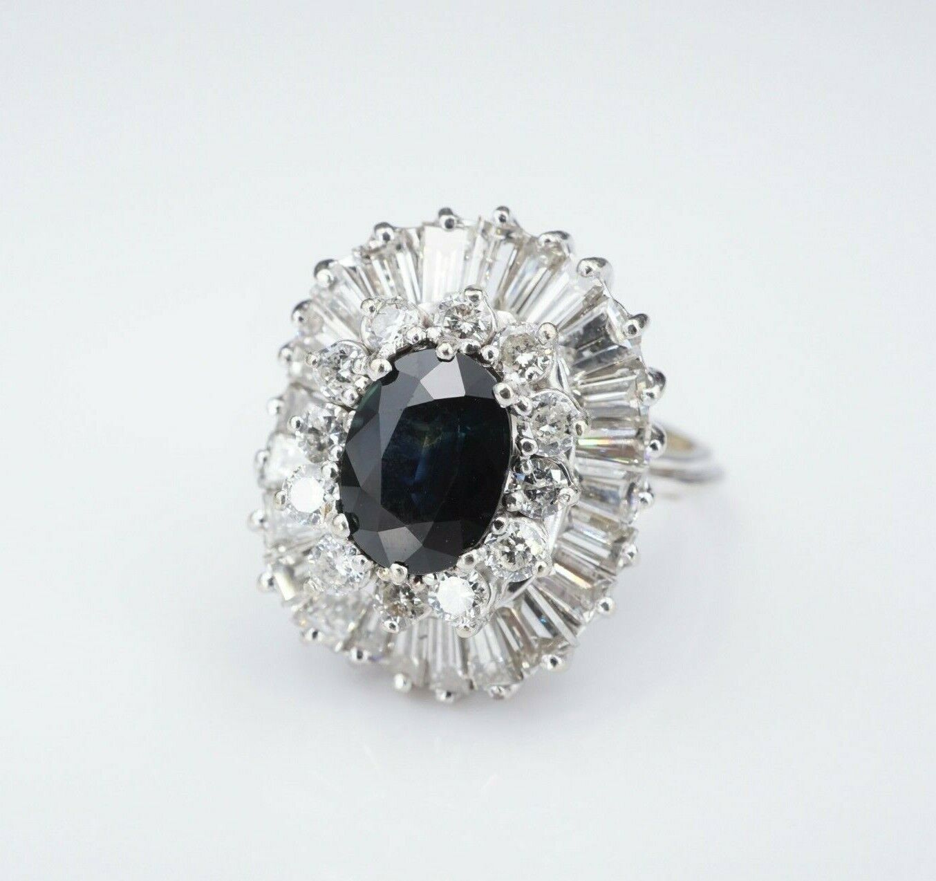 Vintage Sapphire Diamond Ballerina Ring 14k White Gold 7ct Halo Blue Sz 9, view 5