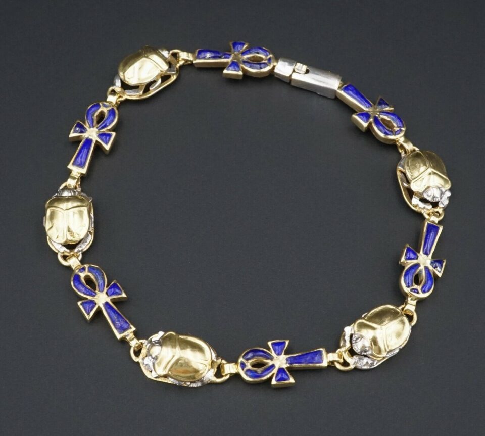 Vintage 2-Tone 18k Gold Lapis Inlay Scarab Ankh Bracelet 7.75" BG511
