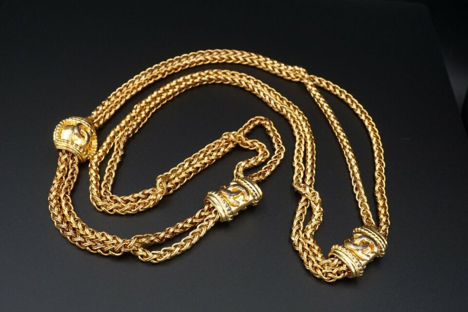 Vintage 1996 Chanel Gold Tone Double Wheat Chain Logo Necklace 42" France, view 2