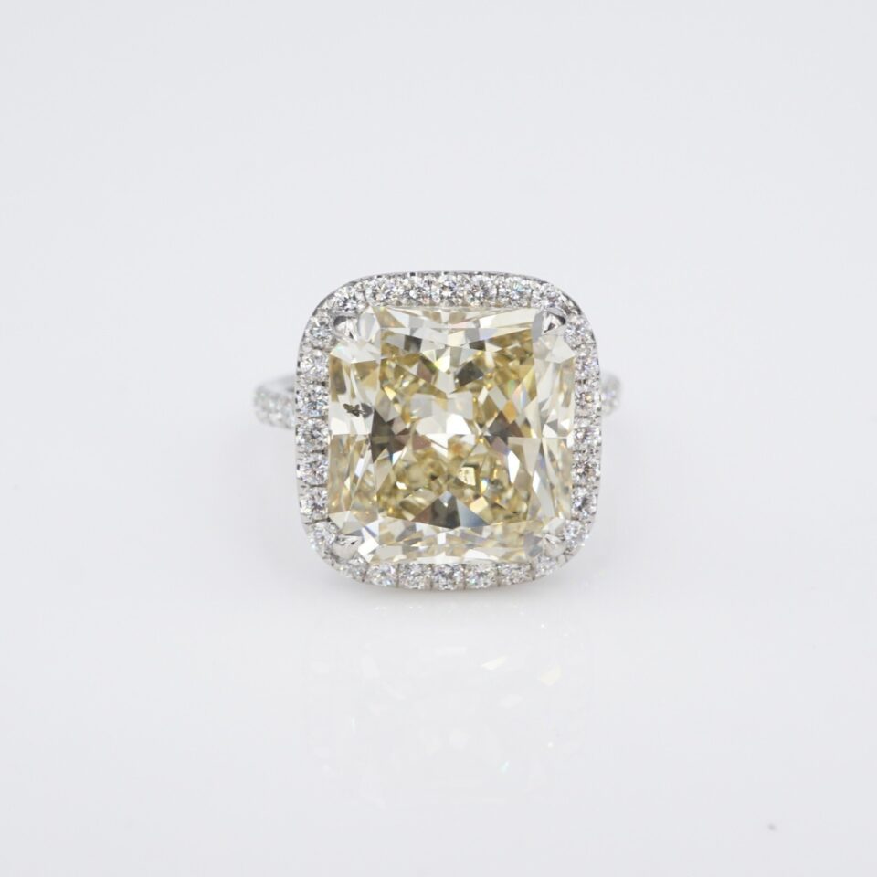 Fancy Yellow Diamond Ring 9.02 carat Platinum Halo GIA, view 2