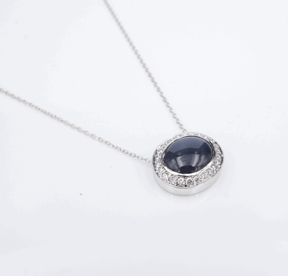 14k Blue Star Sapphire Diamond Halo Pendant Necklace 16" Gold Natural NG1769