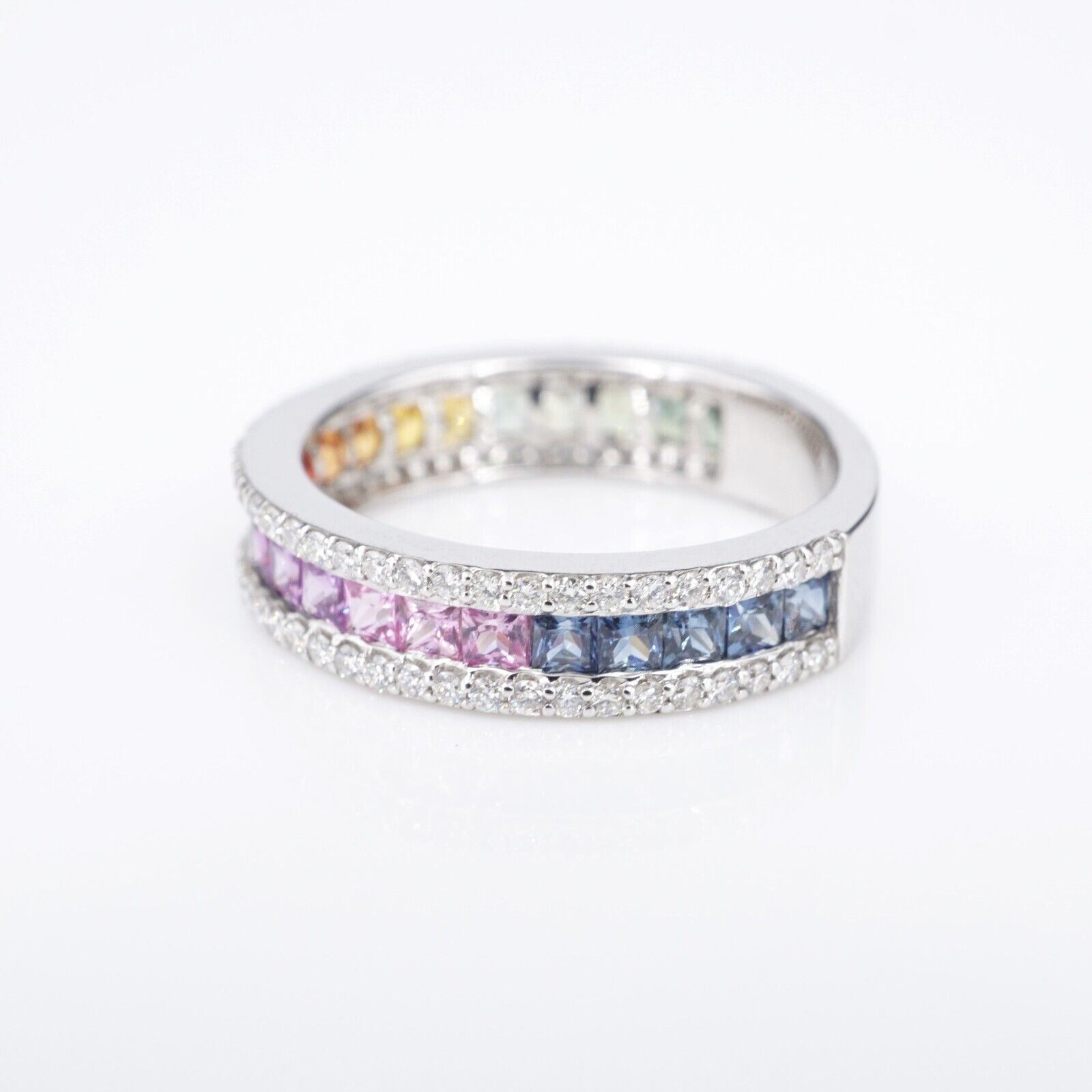 14k Diamond Rainbow Sapphire Band Ring White Gold Size 7.25 NWOT, view 7