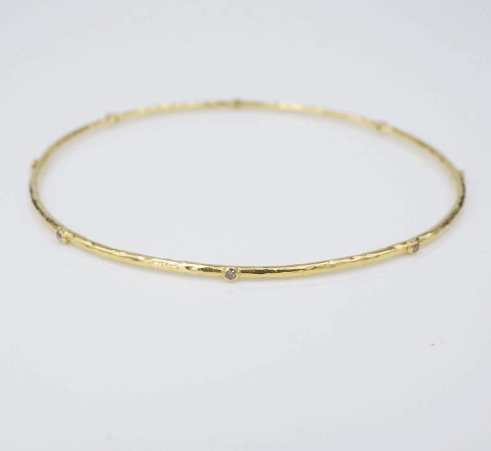 18k Diamond Bangle Bracelet Hammered Yellow Gold Station 8" Slim, view 2