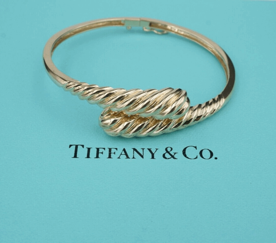 Tiffany & Co. 14k Yellow Gold Bypass Bangle Bracelet 6.5" Hinge Retired BG974