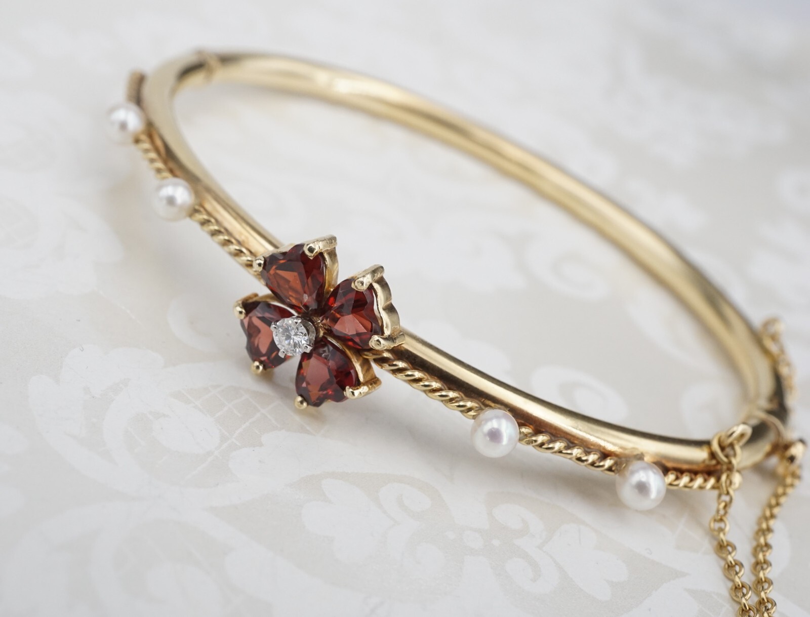 Vintage Diamond Garnet Pearl Hinged Bangle Bracelet 14k Yellow Gold 6.5", view 4