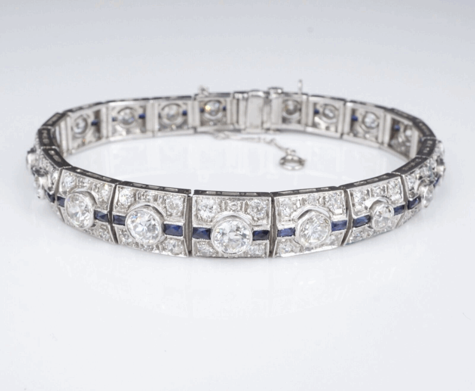 Art Deco Sapphire Diamond Bracelet Platinum Antique 9 carats 7.25" BG875